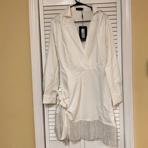Prettylittlething White Long Sleeve Tassel Dress